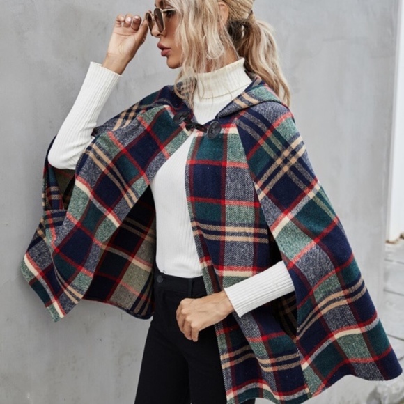 Plaid green navy hoodie cape style jacket - Picture 3 of 4